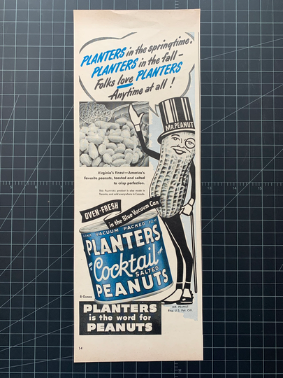 Vintage 1950 Planters Peanuts Print Ad