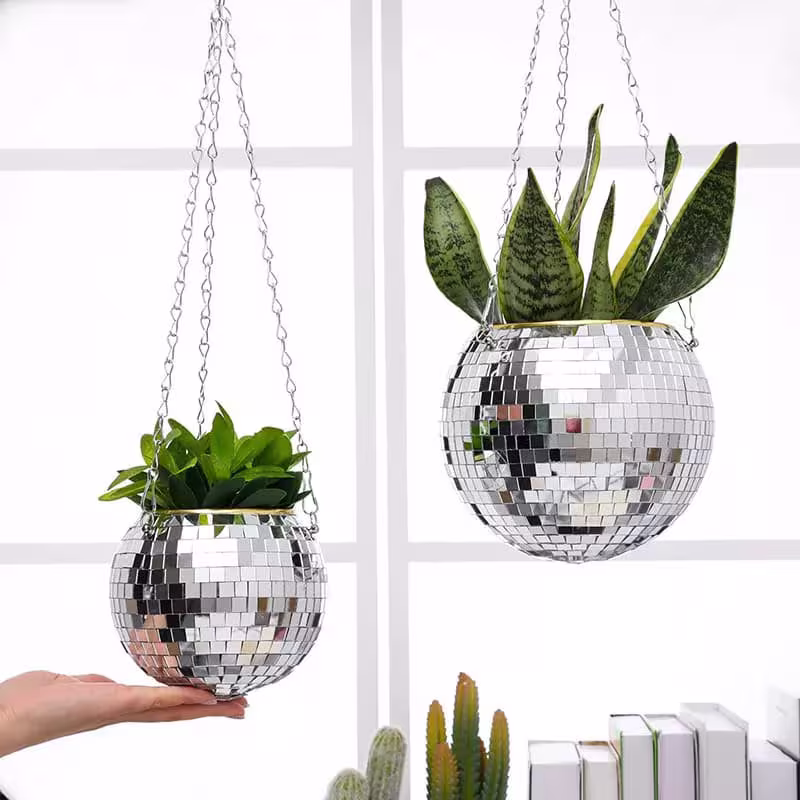 Wall Hanging Disco Ball Planter | Bohemian Style Mirrored Flower Basket Decoration Pink Decor