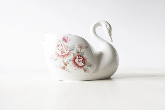 Vintage White Floral Swan Planter, China Figurine