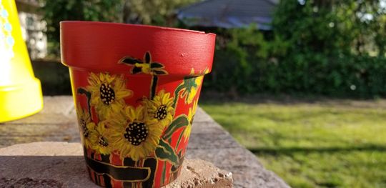 Hand Painted Terra Cotta Pot; Summer Of Love Collection - Nsv; Sunflowers On Red