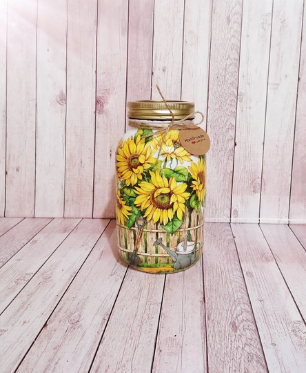 Sunflowers Glass Vase Storage Jar , White Carafe , Decoupage Sunflowers, Flower Vase, Centre Pieces