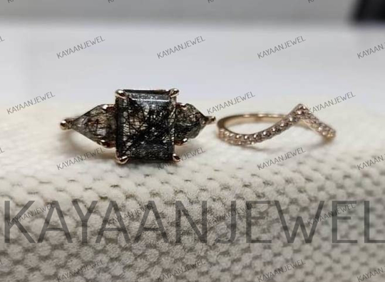2.40Ct Salt & Pepper Emerald Cut Diamond Engagement Wedding Ring Set in 925 Sterling Silver, Pepper Ring, Gift For Women, Emerald