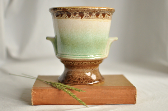 Retro Drip Glazed Urn Style Planter | 70's Cachepot Planter Mint & Brown Plant Pot