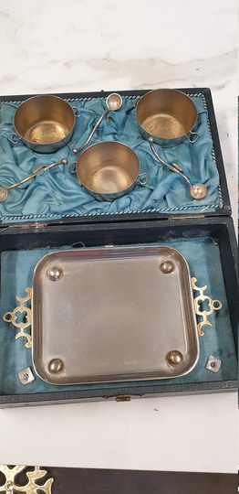 Antique Boxed Set Of 3 Table Top Salts With Spoons & Butter Dish