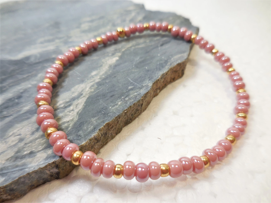 Seed Bead Bracelet, Rose Stretch Stacking Minimalist & Gold Beachy