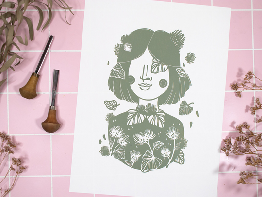 Linocut Print Burdock Plant Girl, Creative Gift For Medicinal Plants Lovers, Original Floral Botanical Linoleum in Sage Green