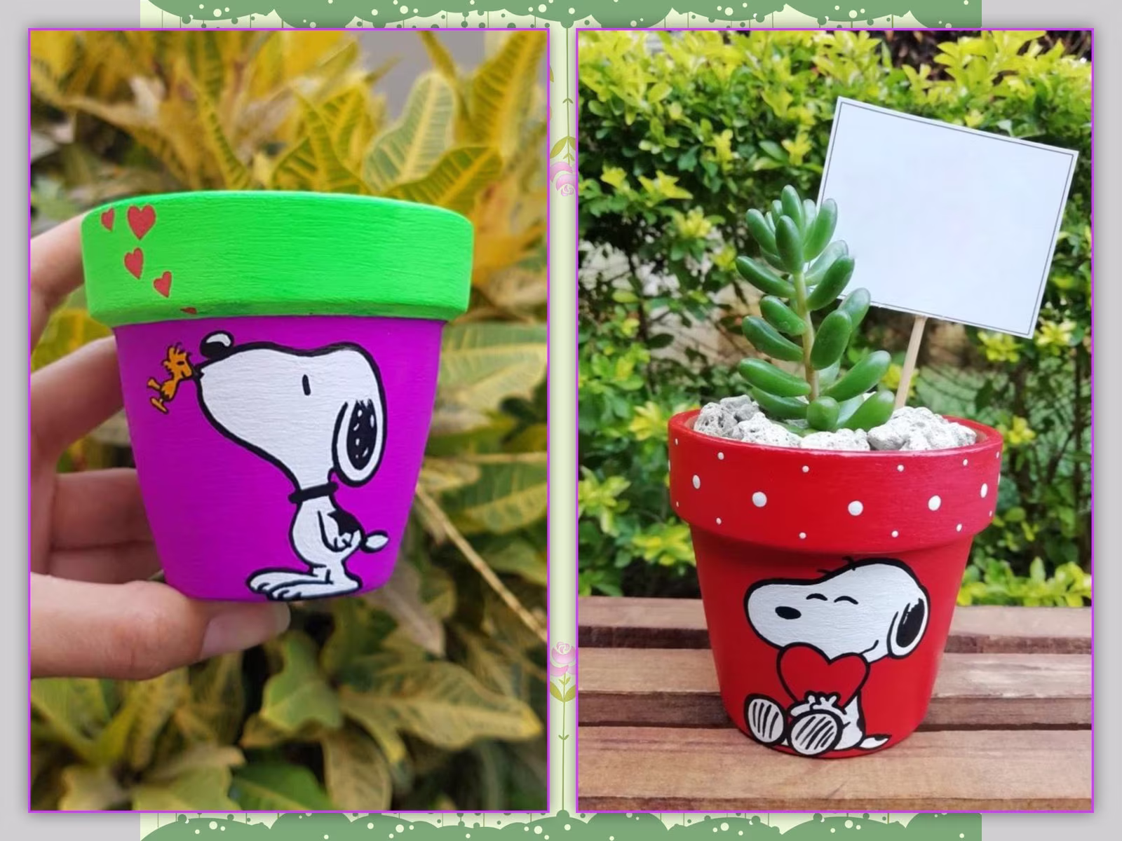 Beautiful Hand Painted Snoopy Love Succulent Terracotta Planters Pots For Indoors & Outdoors With Drainage Hole At The Bottom