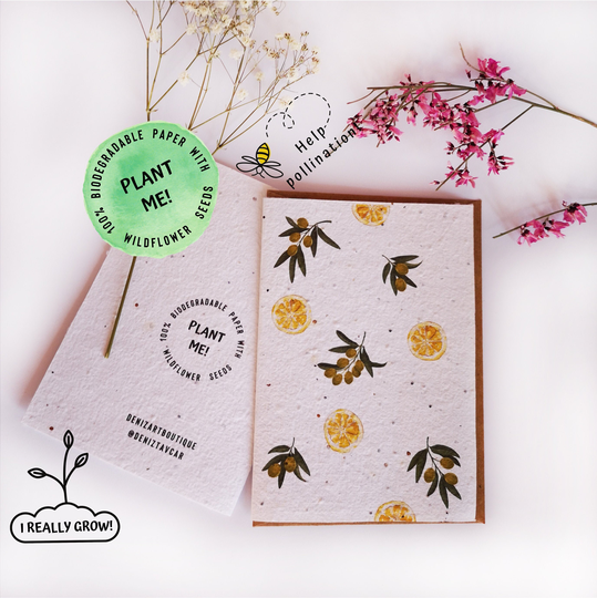 Plantable Card With Wildflower Seed | Blooming Card Special Paper Gift Birthday Trendy Fresh Lemon & Olive Pattern