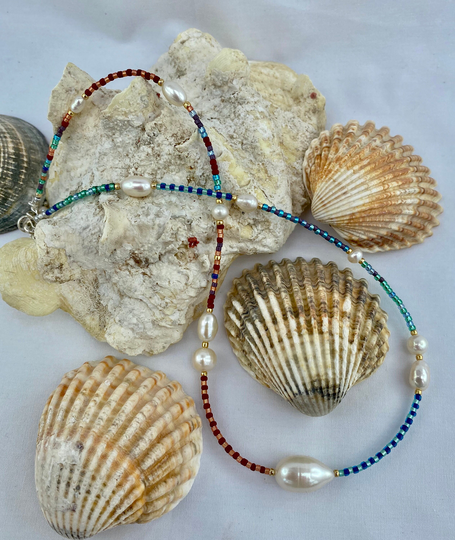 Seed Bead & Pearl Necklace, Beach Ready, Layer, Gift For Her, Deep Red, Coral Pink, Anniversary Gift, Bridesmaid, Christmas