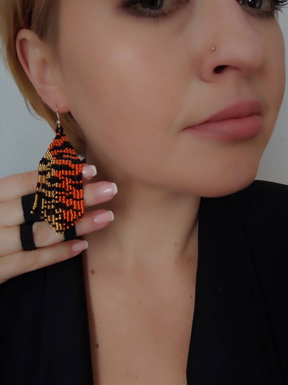 Seed Bead Earrings With Tiger Print, Bohemian Beaded Earrings, Fringe Boho