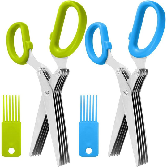Einemgeld - 2 Packs Stainless Steel Herb Scissors, Multi-purpose Kitchen Shear with 5 Blades and Cleaning Brush, Ergonomic Design Heavy Duty Durable
