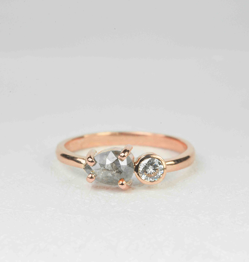 Pear Cut Salt Pepper Diamond Engagement Ring | Galaxy Art Deco Vintage Inspired Handmade in 9K/14K/18K Rose Gold For Her