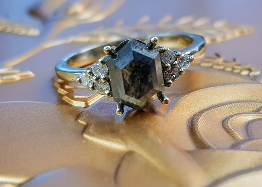 Raw Diamond Salt & Pepper Ring, Hexagon Shape, 7 Stones Engagement Ring, Rose Cut Geometric 14K Gold, Real 1.70 Ct Diamonds