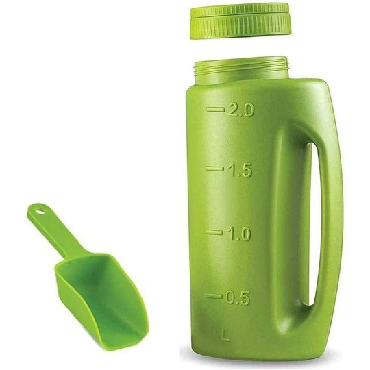 2 Liter Green Portable Spreader with Easy Hole Size Adjustment for Lawn Fertilizer, Rock Salt De-Icer and More Heavy Duty - Comes with Shovel