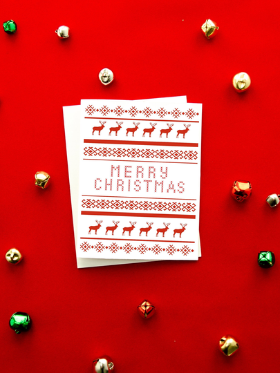 Merry Christmas Nordic Reindeer Red Print Card Set, Holiday Chrismas Cards, Holiday Greeting Season Greetings Card, Made in Usa