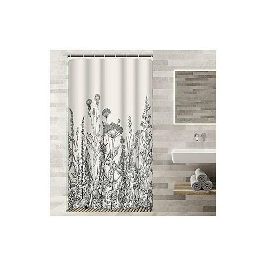 Monly - 90*180cm Camper Stall Shower Curtain Floral Border Herbs And Wildflowers Botanical Vintage Engraving Black Waterproof Polyester Fabric Set