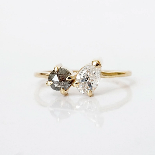 Two Stone Ring Round & Pear Cut Salt & Pepper Moissanite Engagement 14K Yellow Gold Wedding Set For Women Matching Forever