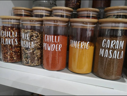 Spice Jars Bamboo Lid | Pantry Organisation Homewares Kitchen Storage Herbs Spices Vinyl Decal 200Ml 300Ml