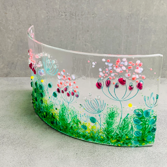 Glass Art, Seed Head Glass Curve, Hand Painted Floral Design , Large