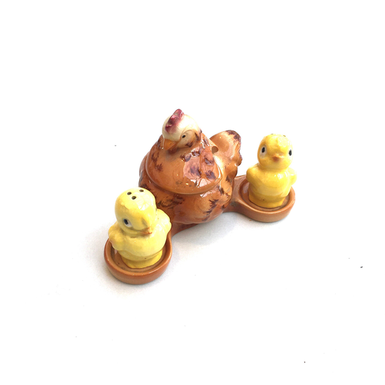 Vintage Retro Goebels Hummel Chick Hen Salt Pepper Mustard Pot Cruet Set 1956