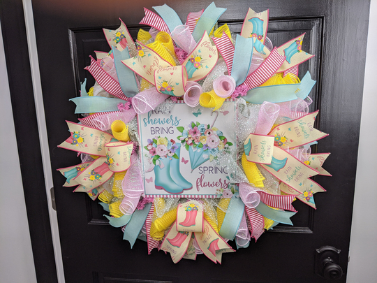 Bright Floral Wreath, Spring Front Door Summer Deco Mesh Yellow Seasonal Rain Wreath
