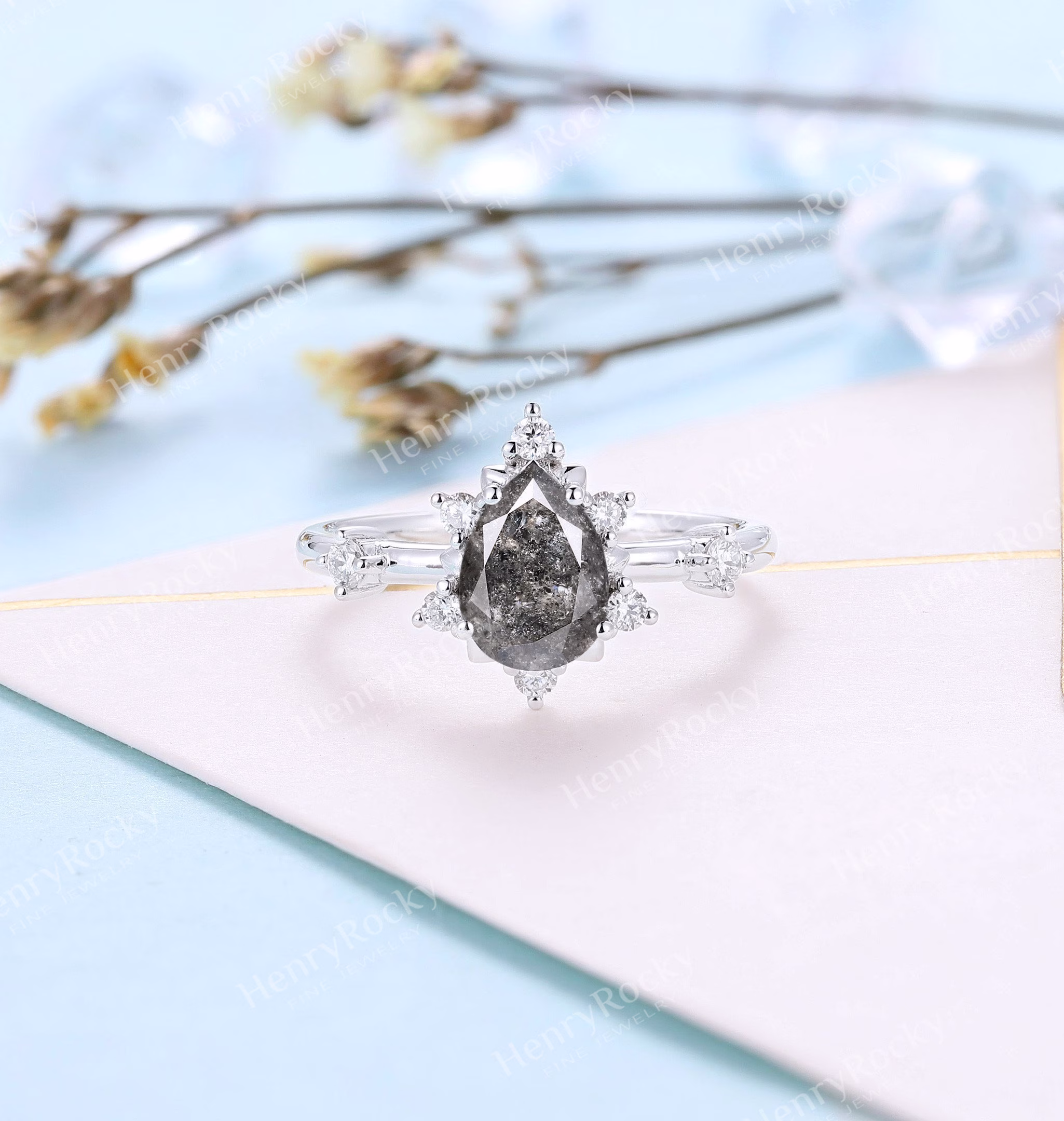 Salt & Pepper Diamond Engagement Ring Antique Pear Shaped Bridal Vintage White Gold Art Deco Wedding Anniversary Promise