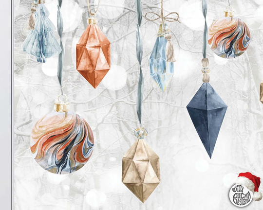 10X Boho Christmas Bauble Window Decal Clings - Red Blue Watercolour Xmas Stickers Reusable Seasonal Décor By Dizzy Duck