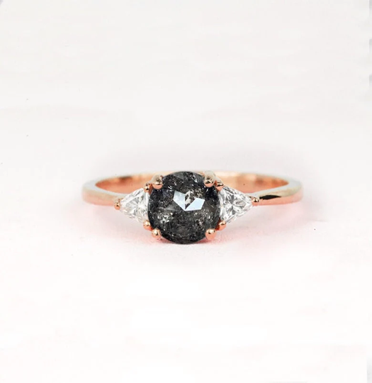 Round Salt & Pepper Diamond Trilliant Engagement Ring | Wedding Bridal Rose Gold Dainty For Her