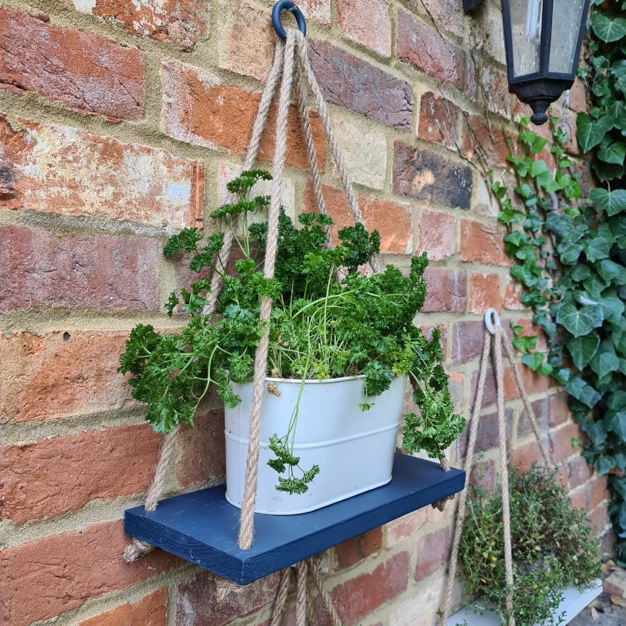 Painted Wooden Hanging Rope Shelves For Garden Home Bathroom Handmade in The UK Using High Quality Rustic Wood & Rope. Gift Ideas