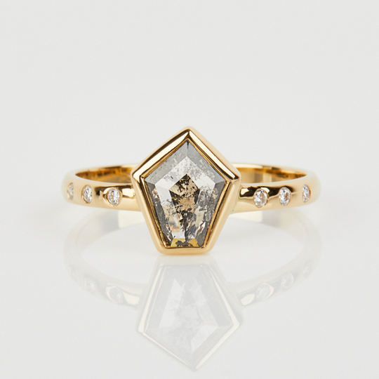 18ct Gold Shield Salt And Pepper Diamond Ring, Gold