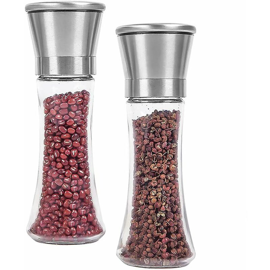 Set of 2 premium stainless steel salt and pepper mills with collapsible silicone funnel
