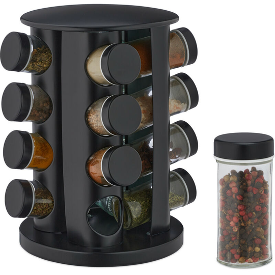 Relaxdays - Spice Rack, 16 Glass Jars, Rotatable, Stainless Steel, h x d: approx. 27.5 x 19 cm, Black