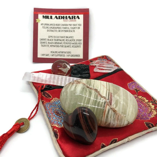 Onyx Palm Stone Chakra Set For Root Chakra| Mooladhara | Grounding Crystals Medicine Pouch Muladhara Calm & Strength