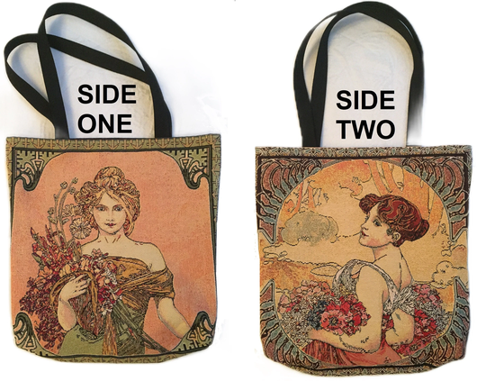 Alphonse Mucha Seasons Spring & Summer, Two Different Sided Belgian Tapestry Large Shopping Tote Bag 46cm X