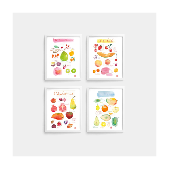Set Of 4 Watercolor Fruit Prints, Seasonal Posters, Kitchen Print, Colorful Wall Decor, Painting Fruit, in Season Food Illustration