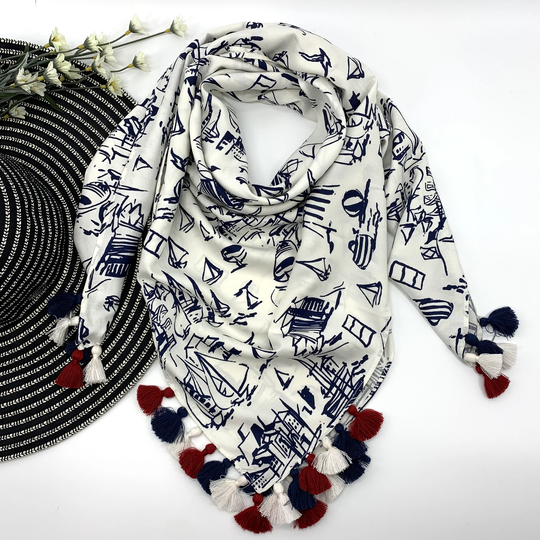 Cotton Square Scarves, All Season Printed Sailboats, Head Wrap, Neck Scarf, Bandana, Gift For Her; 36