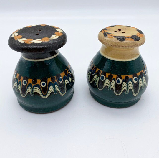 Vintage Bulgarian Folk Art Salt & Pepper Shakers Green