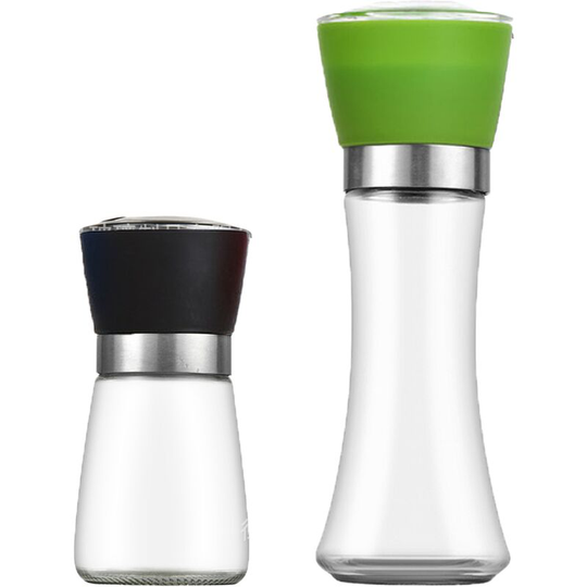 Stainless Steel Salt and Pepper Grinder,Adjustable Stainless Steel and Glass Salt & Pepper Mill Set of 4 Short Black + High Green