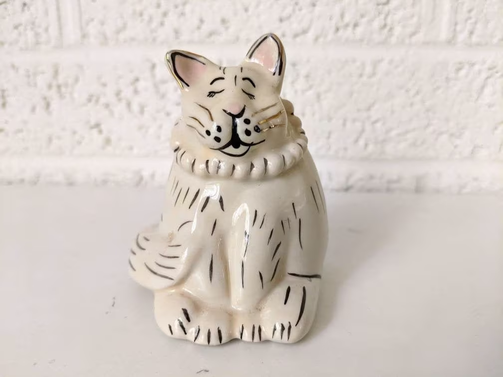 Vintage Heather Goldminc Cat Salt Or Pepper Shaker | White Figurine With Gold Accents