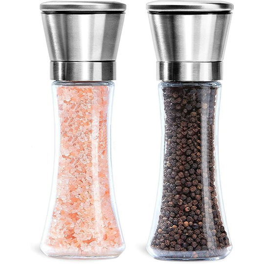 Denuotop - Manual Pepper Mill and Salt Mill, Adjustable Grain Size, Pepper Shaker and Salt Shaker, Glass and Brushed Steel Salt and Pepper Grinder