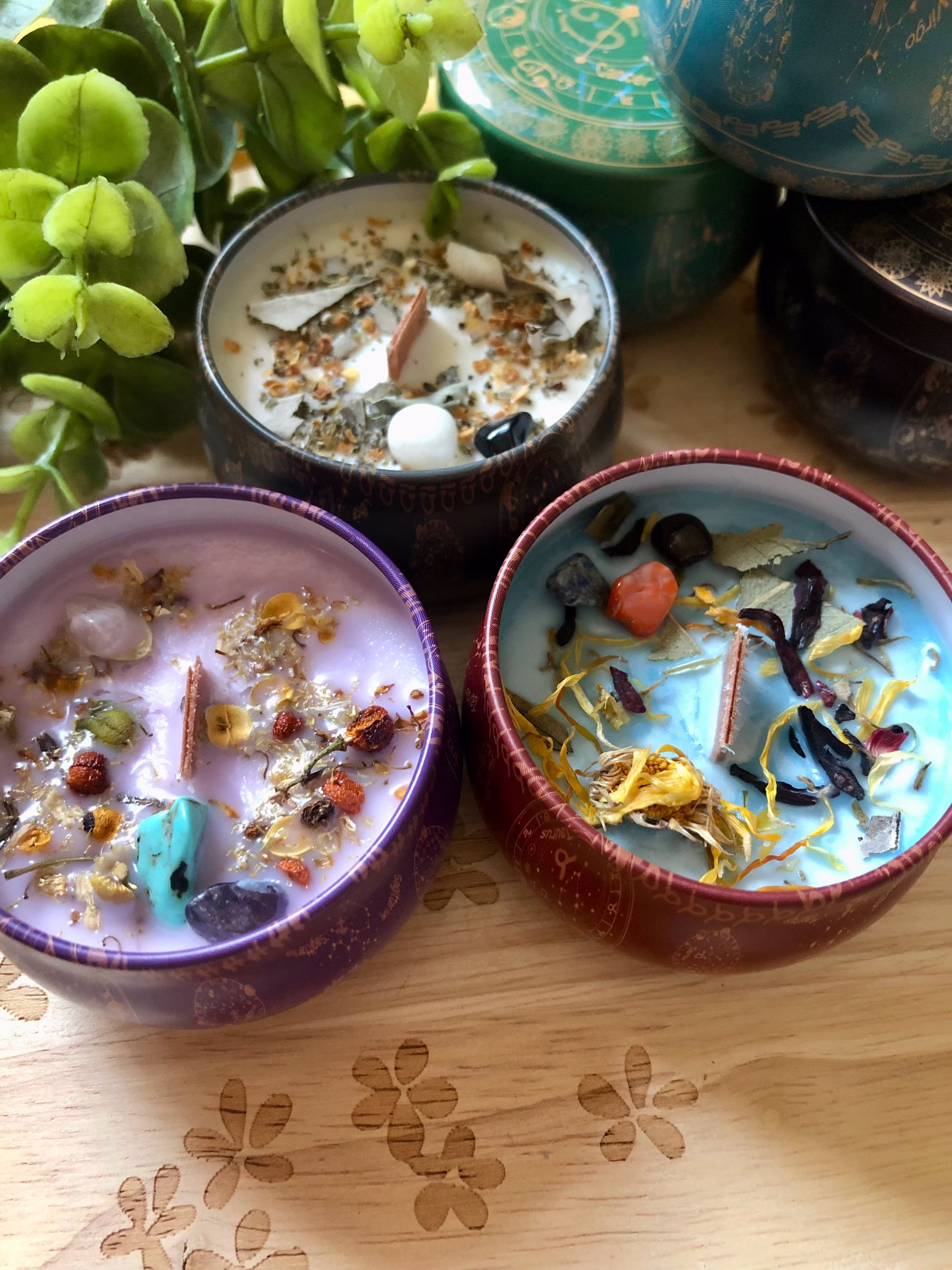 Relax Intention Candle, Calm Down Affirmation Chamomile & Lavender Candle With Crystals, Gemstones