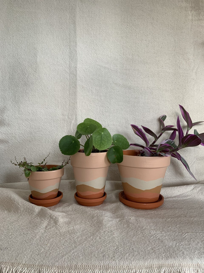 Hand Painted Indoor Plant Pot & Saucer With Drainage Hole | 5 Sizes Boho Style Abstract Mountain Landscape Terracotta Waterproof