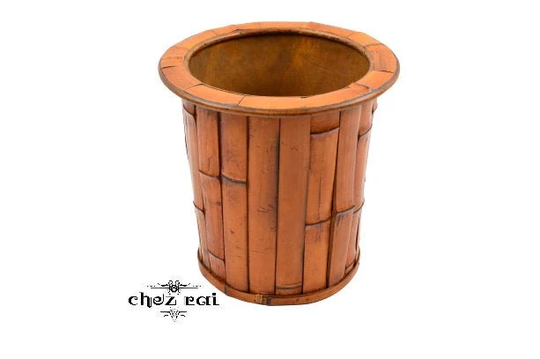 Vintage Beautiful Wooden Pot Covered With Bamboo Basket Office Paper Bin Room Decor Display Stand Farmhouse Cottage Gift Idea/Chez Rai