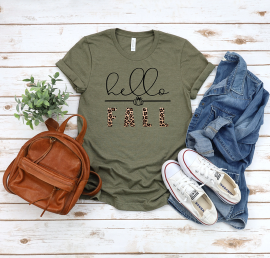 Hello Fall Shirt, Autumn Shirt, Leopard Print Lover Thanksgiving Tee, Season Tee, Long Sleeve