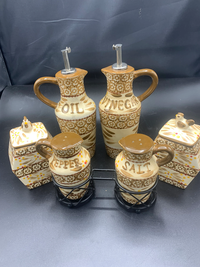 Temptation Ceramic Oil , Vinegar Salt & Pepper, Sugar Jars Measuring Cups