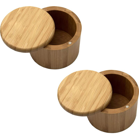 Bamboo Salt Box,Salt Holder With Lid, Salt Shaker, Cumin and Pepper Bowl with Magnetic Swivel Lid(2 pcs) letter