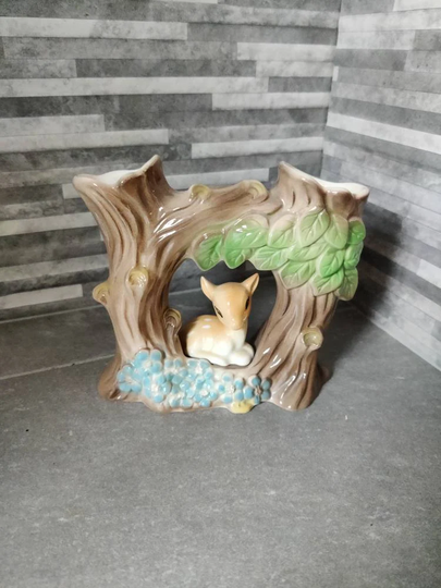 Rare Hornsea Deer/Fawn Tree Stump Vase With Blue Flowers