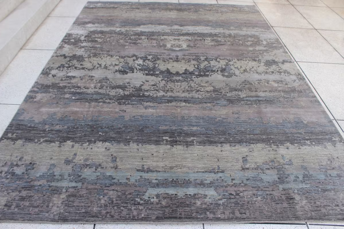 Modern 9x12 Ft Hand Knotted Silk & Wool Rug - Abstract Afghan Gabbeh Large Bedroom Area For Living Room, Dining Room