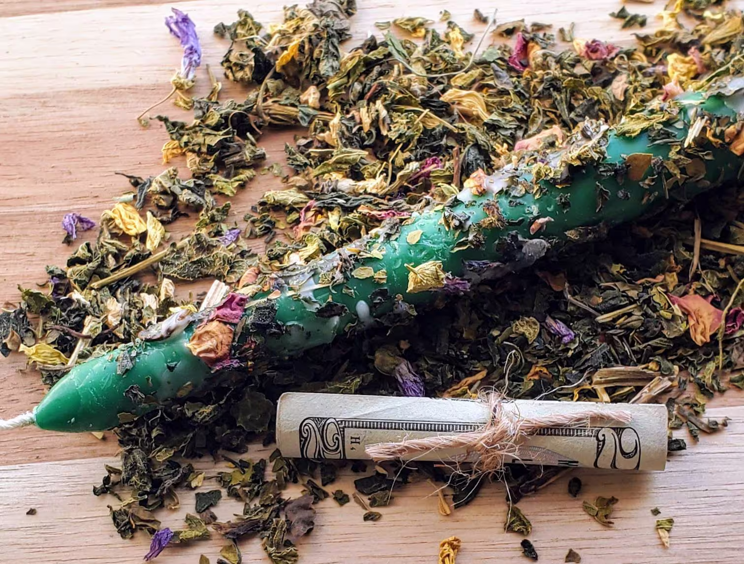 Green Taper Candle, Herb Dressed, Money Spell Ritual, Rolled, Green, Floral, Taper, Tapered, Dried Flower, Botanical, Chime