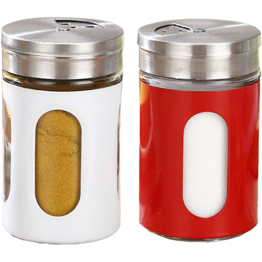 Salt and Pepper Shakers Stainless Steel and Glass Set with Adjustable Pour Holes 1pcs red + 1pcs white